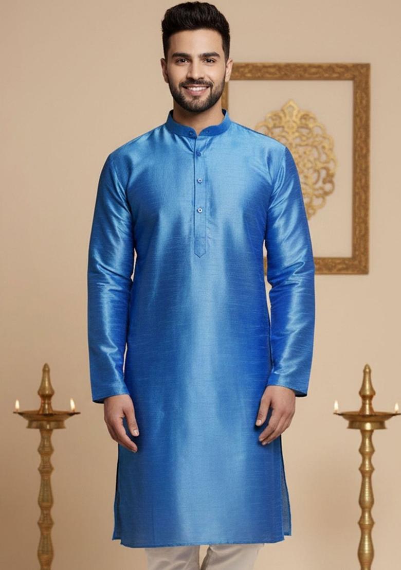 Blue Solid Silk Kurta For Men - Indya