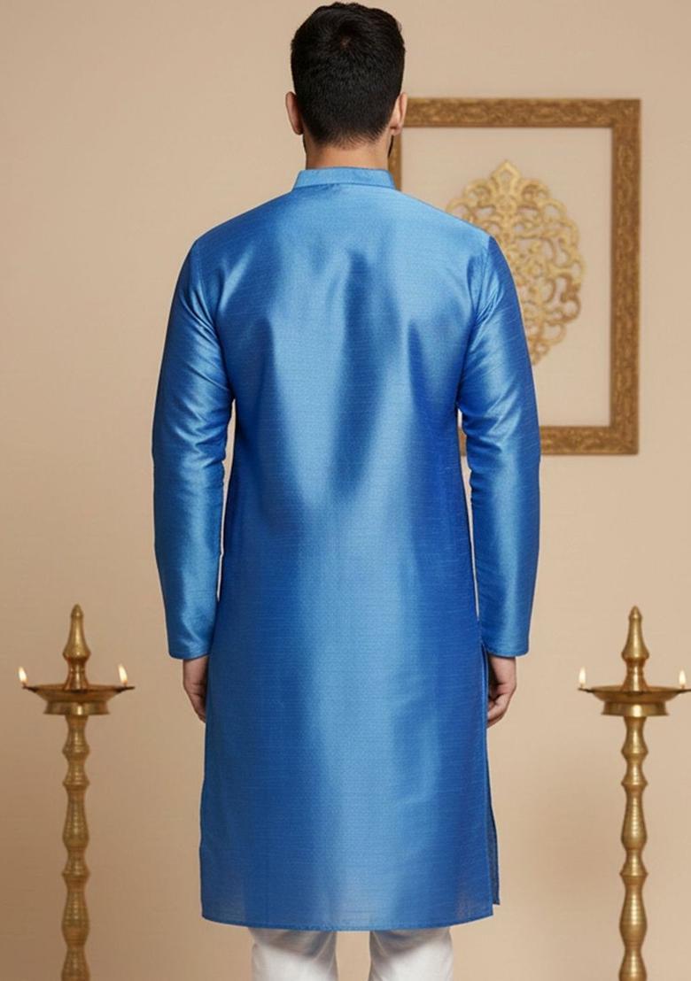 Blue Solid Silk Kurta For Men - Indya