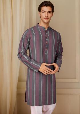 Grey Striped Cotton Kurta For Men
