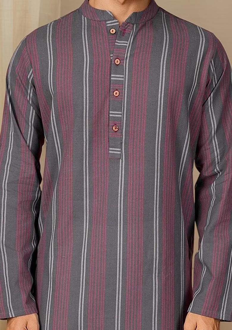 Grey Striped Cotton Kurta For Men - Indya