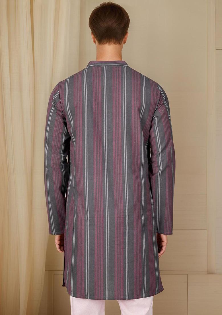 Grey Striped Cotton Kurta For Men - Indya