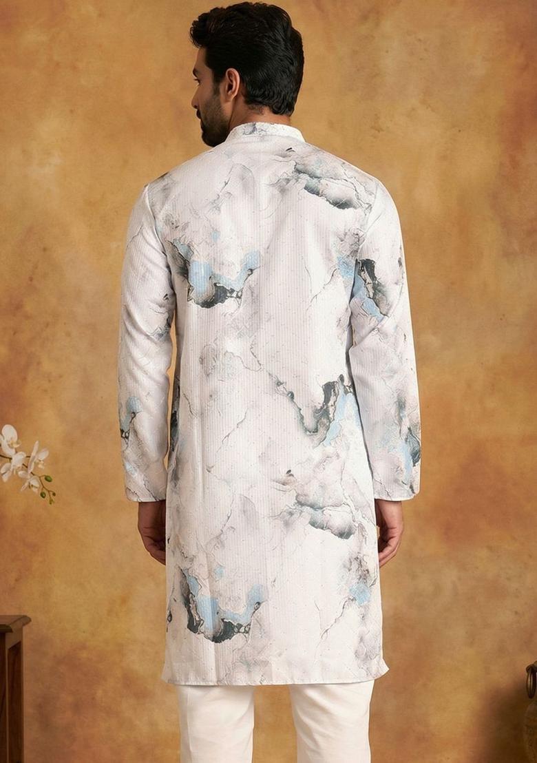 Blue Printed Cotton Kurta For Men - Indya