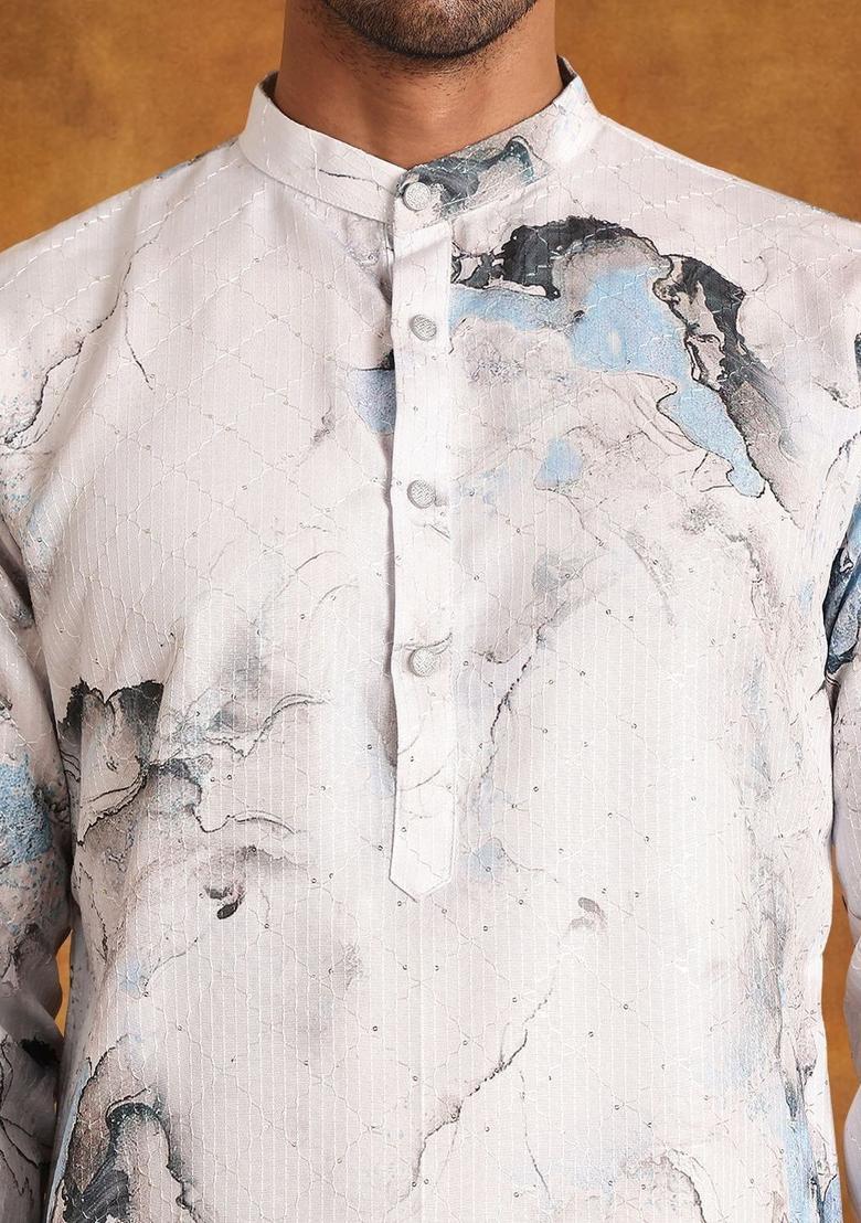 Blue Printed Cotton Kurta For Men - Indya