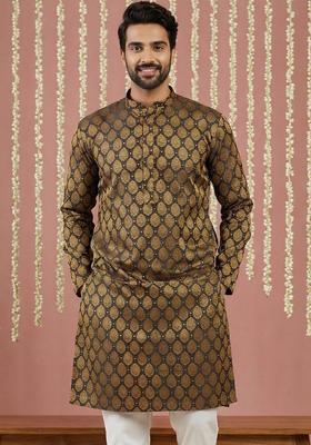Black Woven Design Silk Kurta For Men