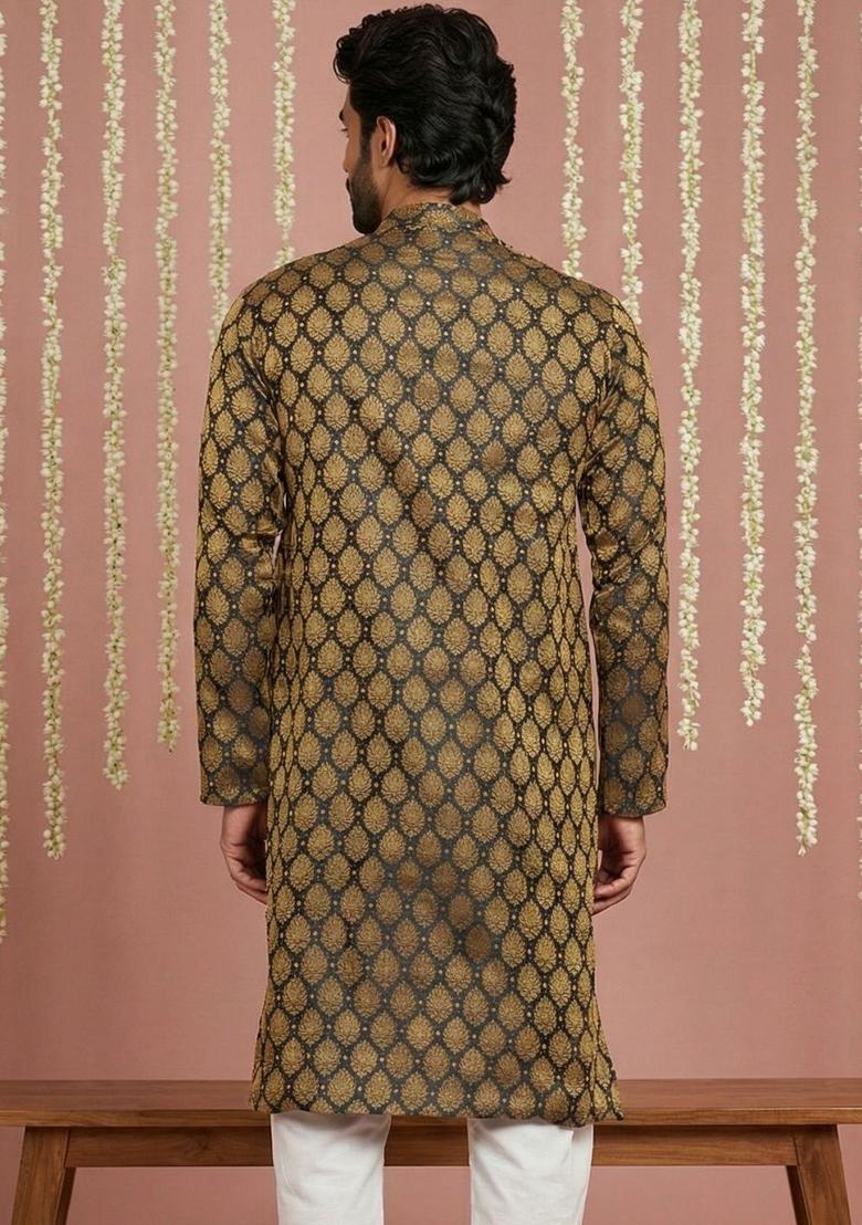 Black Woven Design Silk Kurta For Men - Indya