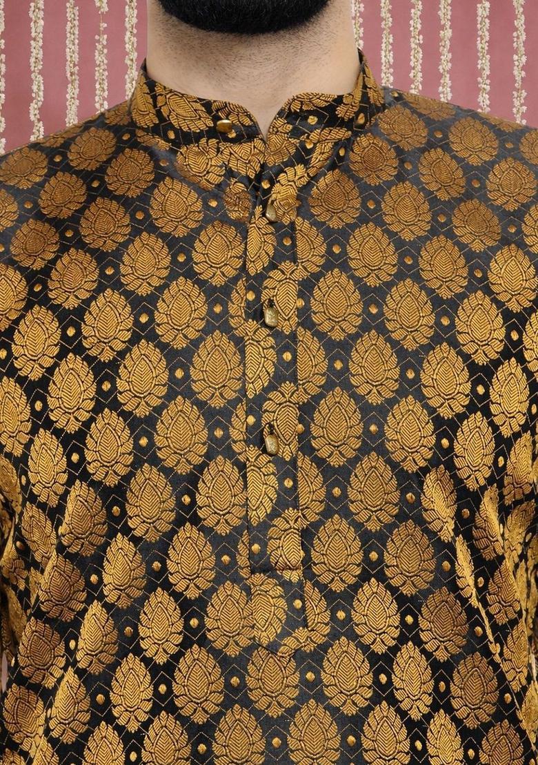Black Woven Design Silk Kurta For Men - Indya