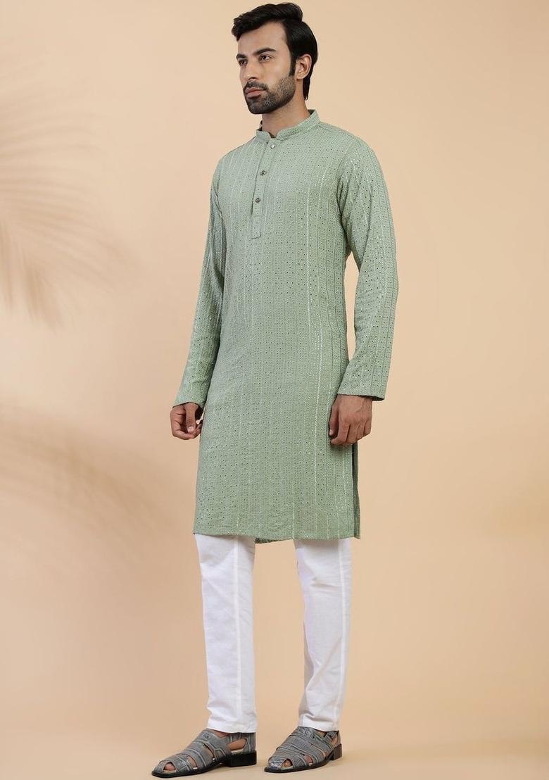 Green Embroidered Cotton Kurta For Men - Indya