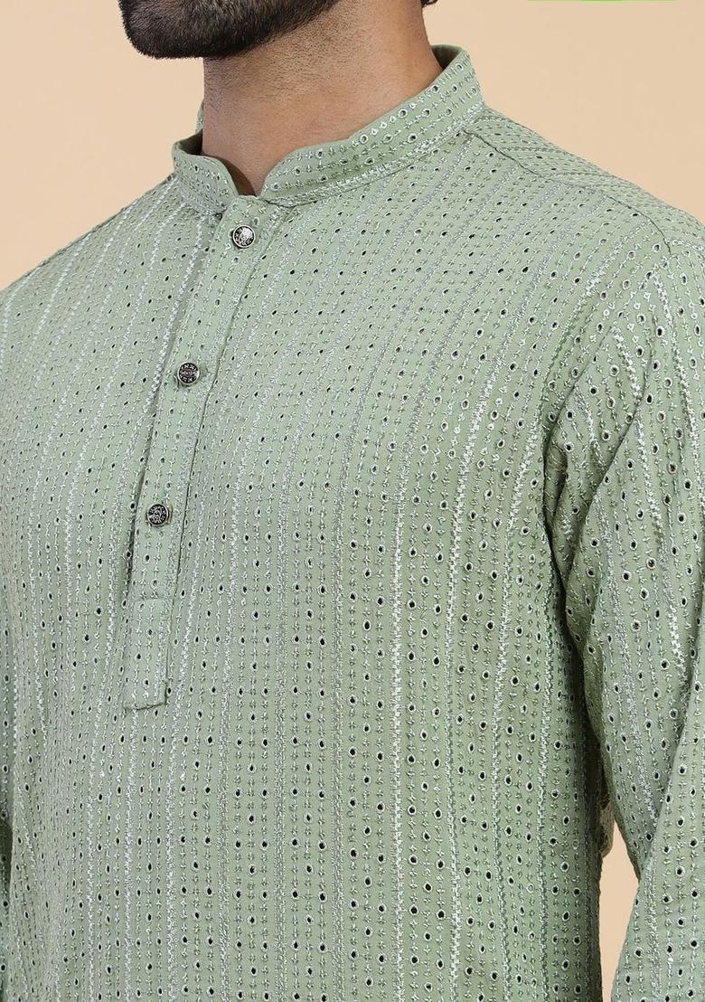 Green Embroidered Cotton Kurta For Men - Indya