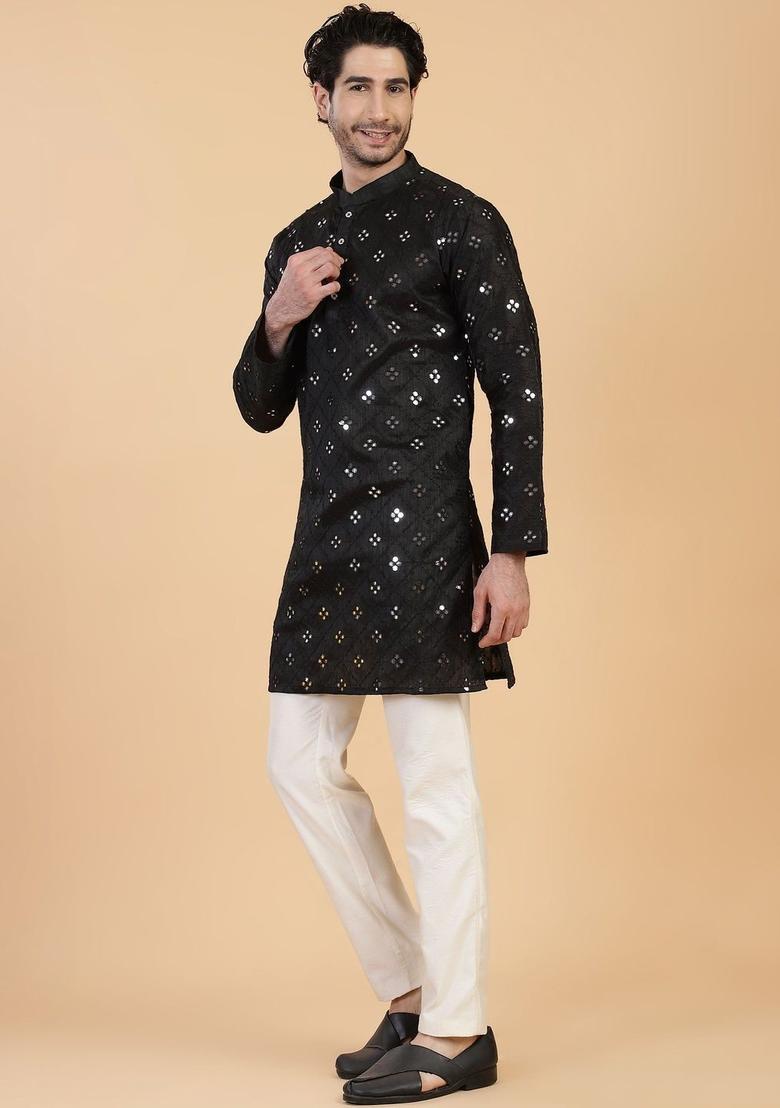 Black Embroidered Viscose Kurta For Men - Indya