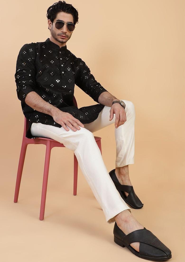 Black Embroidered Viscose Kurta For Men - Indya