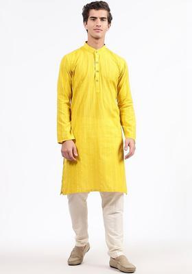 Yellow Woven Design Cotton Kurta For Men