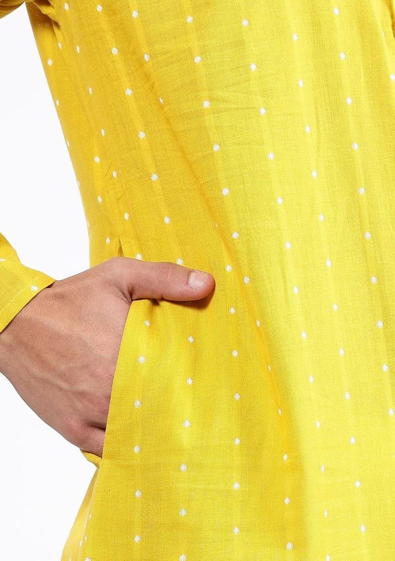 Yellow Woven Design Cotton Kurta For Men - Indya
