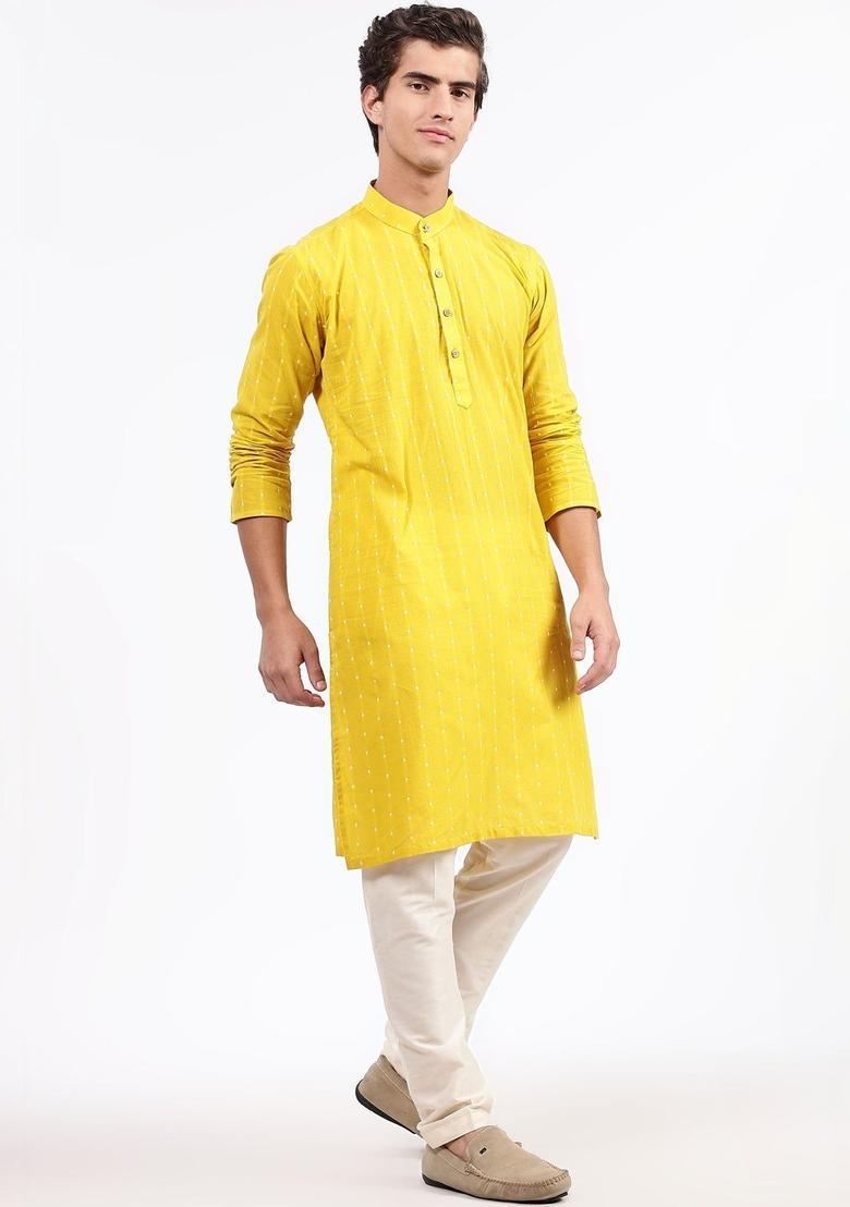 Yellow Woven Design Cotton Kurta For Men - Indya