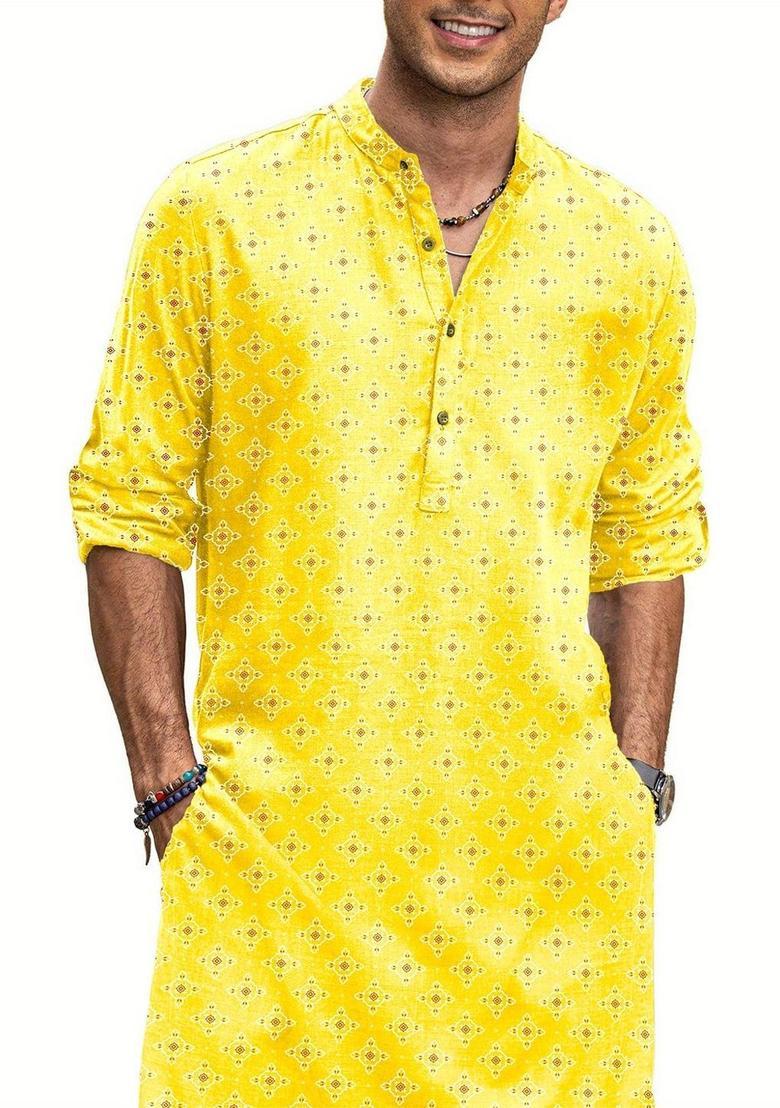 Yellow Printed Cotton Kurta For Men - Indya