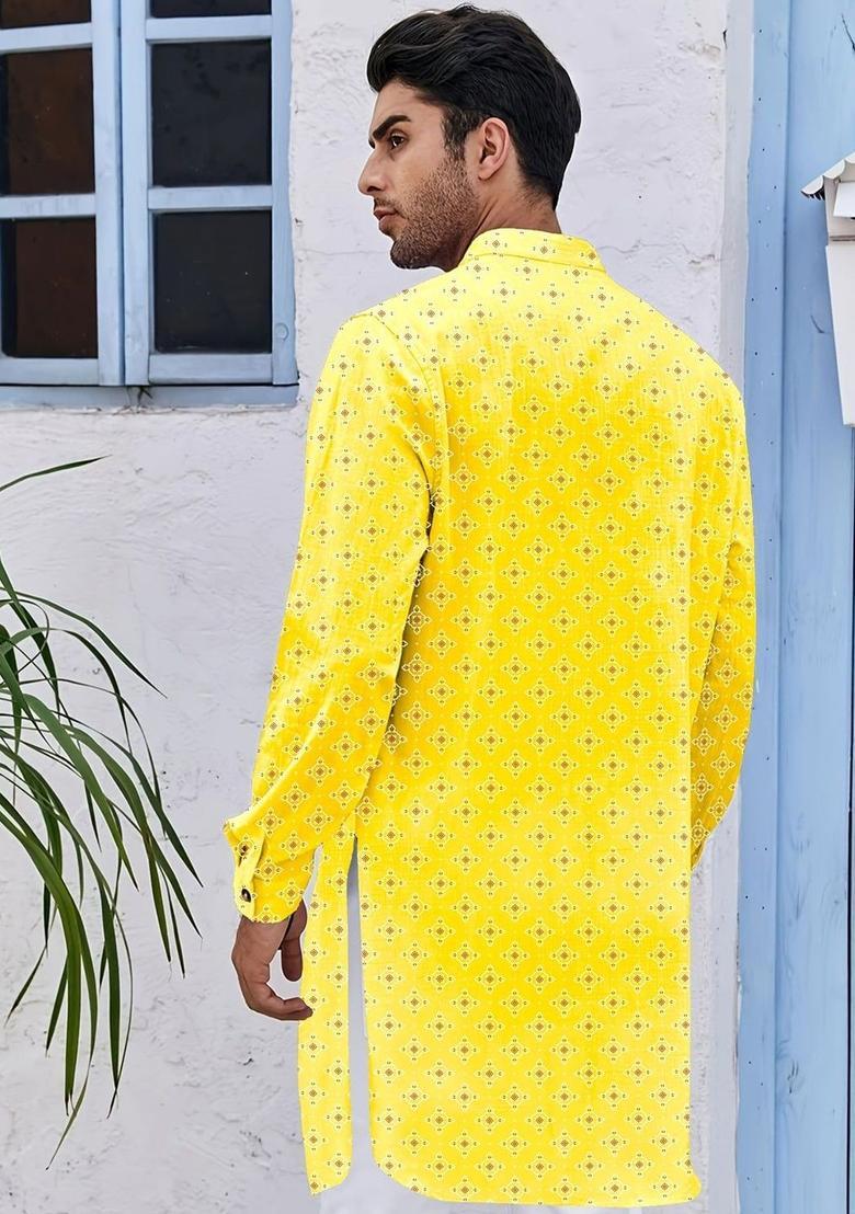 Yellow Printed Cotton Kurta For Men - Indya