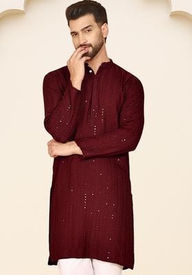 Maroon Embroidered Viscose Kurta For Men