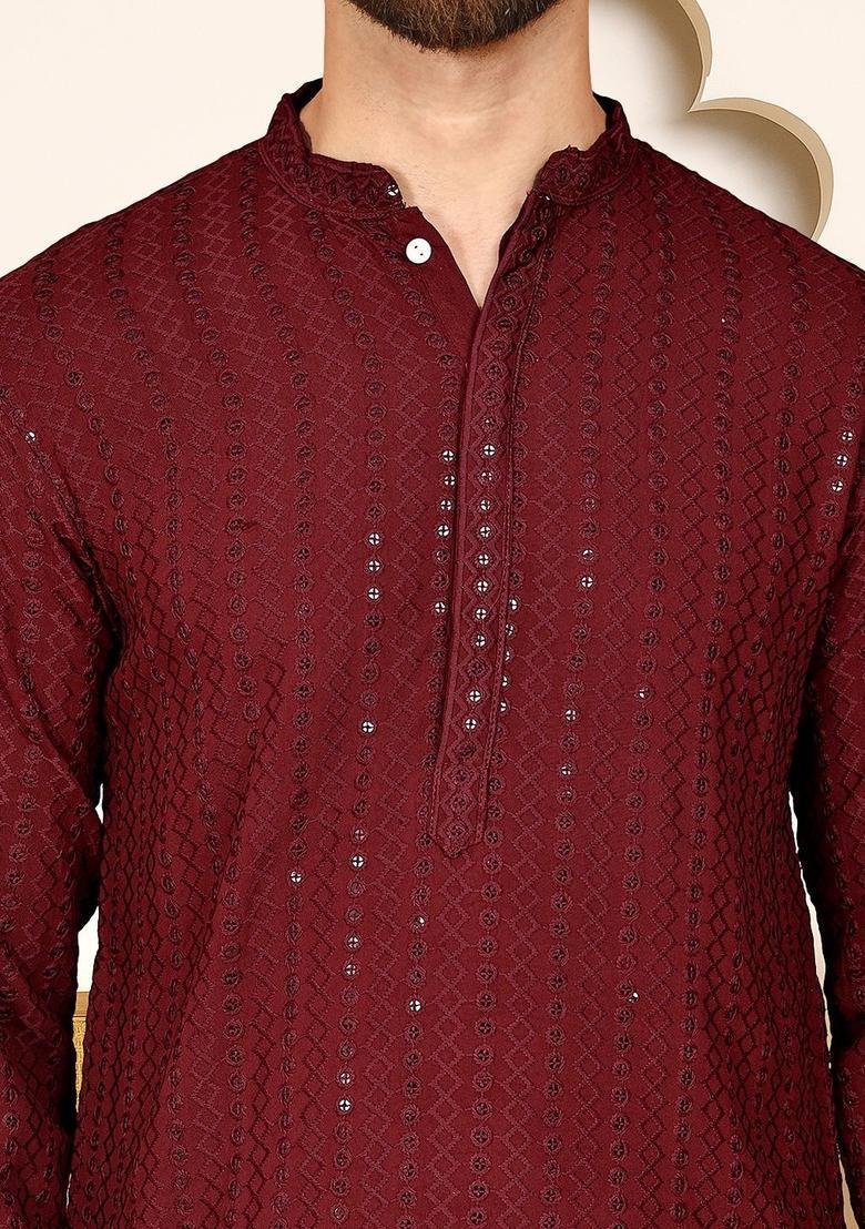 Maroon Embroidered Viscose Kurta For Men - Indya