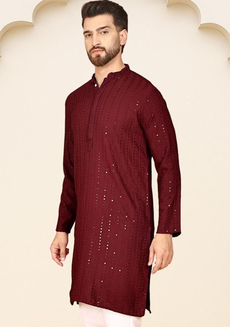 Maroon Embroidered Viscose Kurta For Men - Indya