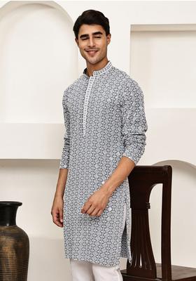 Grey Embroidered Viscose Kurta For Men