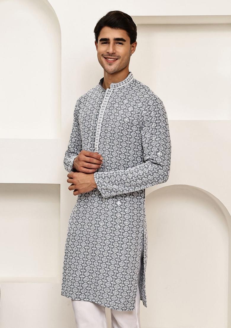 Grey Embroidered Viscose Kurta For Men - Indya