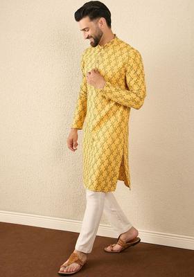 Yellow Embroidered Viscose Kurta For Men
