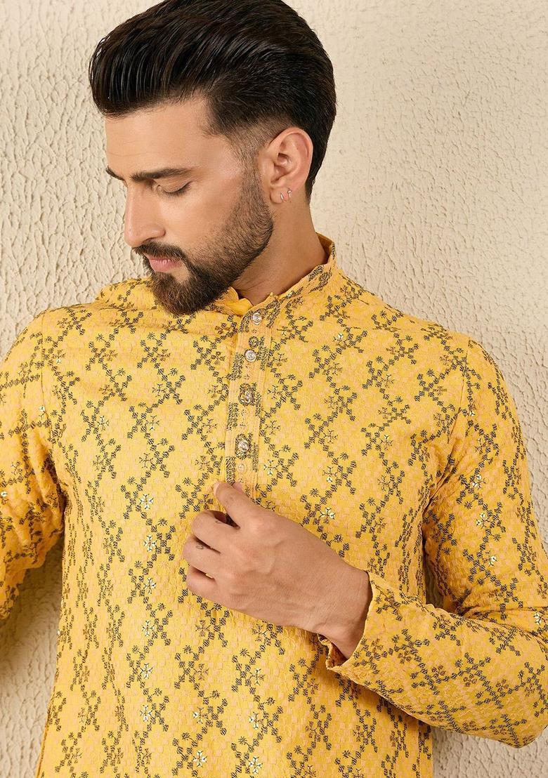 Yellow Embroidered Viscose Kurta For Men - Indya