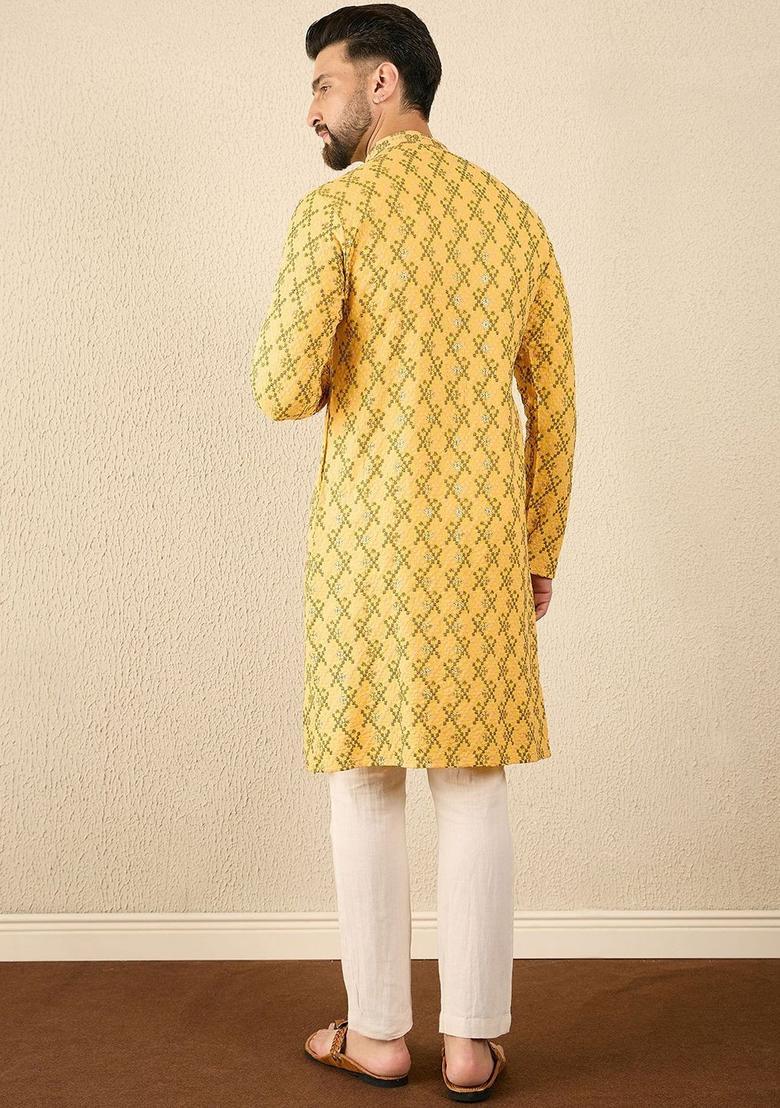 Yellow Embroidered Viscose Kurta For Men - Indya