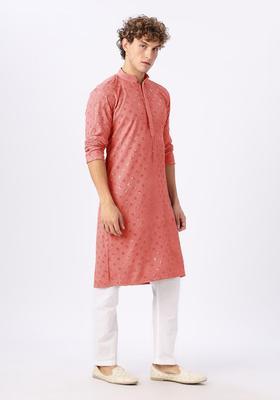 Peach Embroidered Cotton Kurta For Men