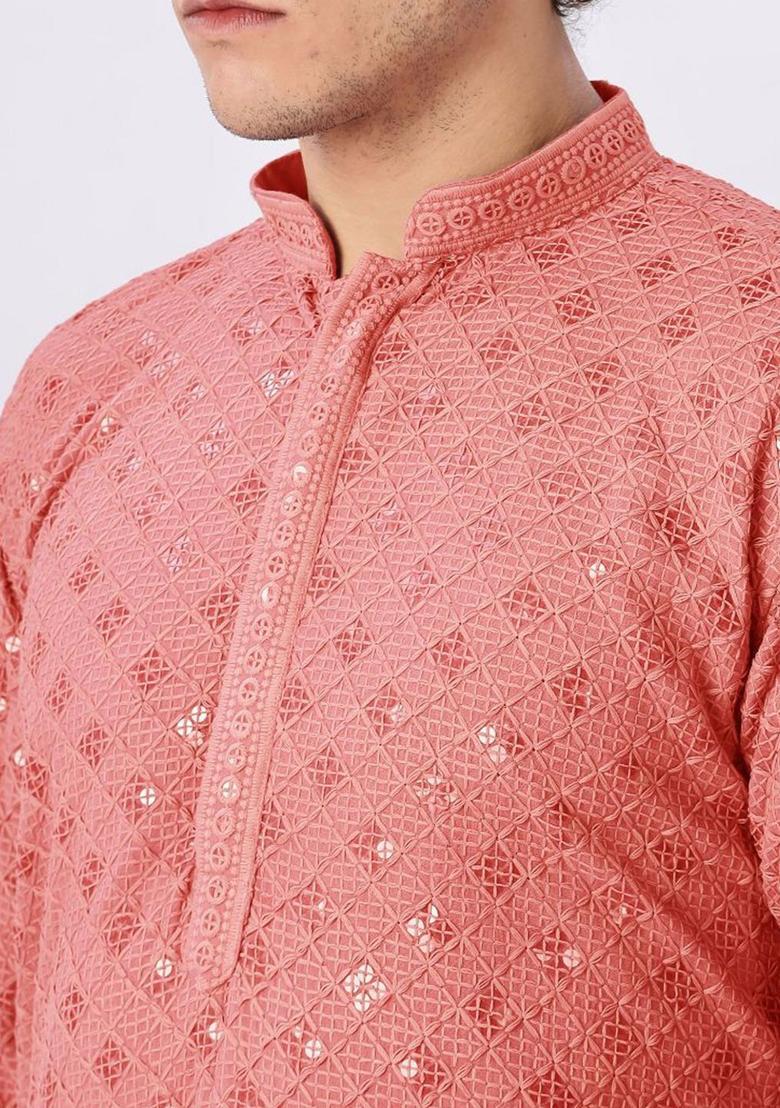 Peach Embroidered Cotton Kurta For Men - Indya
