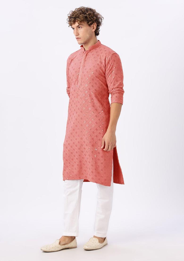 Peach Embroidered Cotton Kurta For Men - Indya