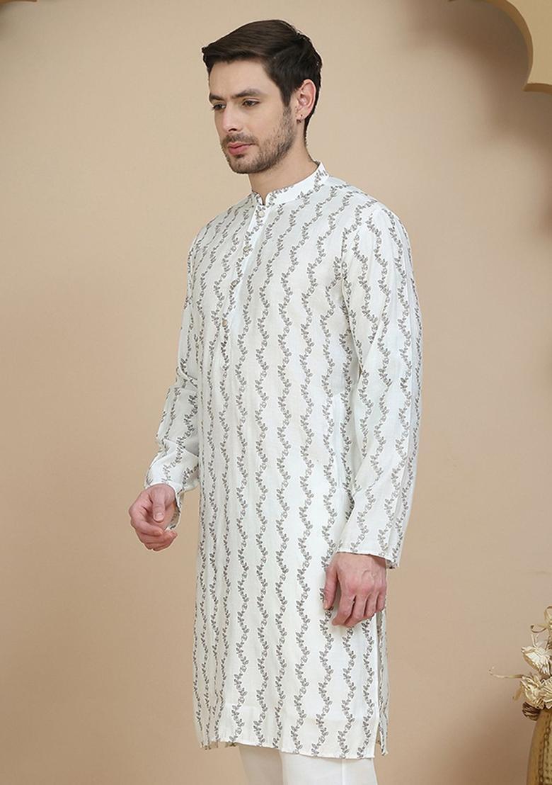 White Printed Silk Kurta For Men - Indya