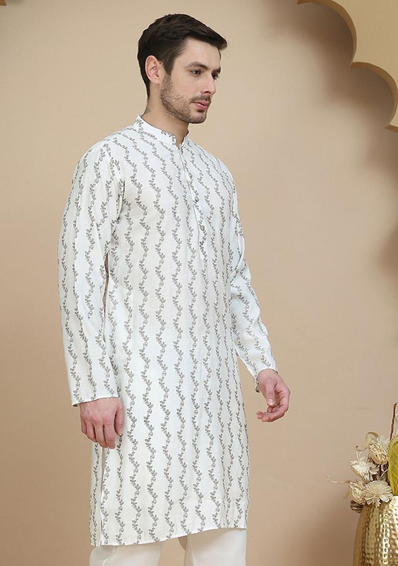 White Printed Silk Kurta For Men - Indya