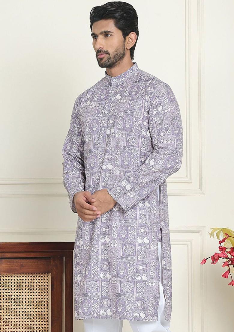 Purple Embroidered Silk Kurta For Men - Indya