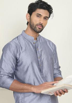 Grey Woven Design Silk Kurta For Men