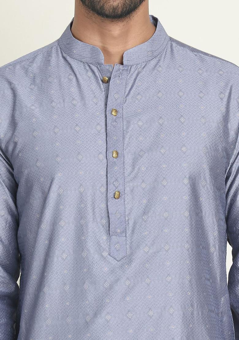 Grey Woven Design Silk Kurta For Men - Indya