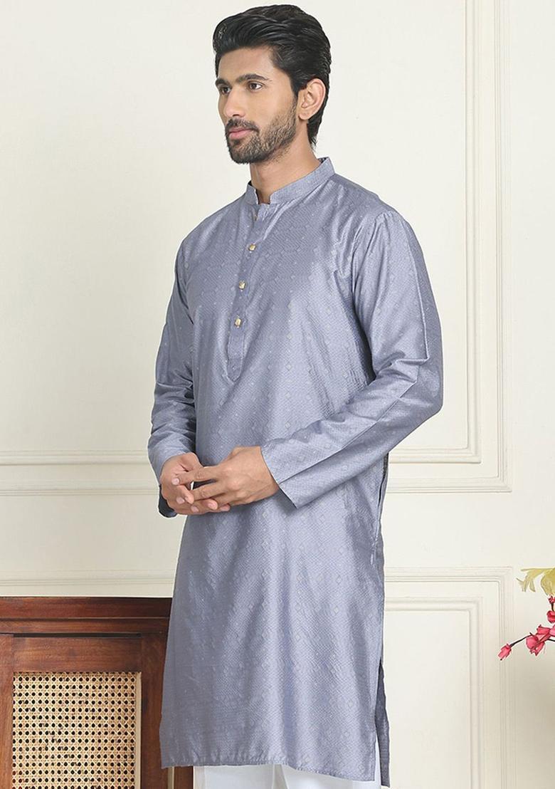 Grey Woven Design Silk Kurta For Men - Indya