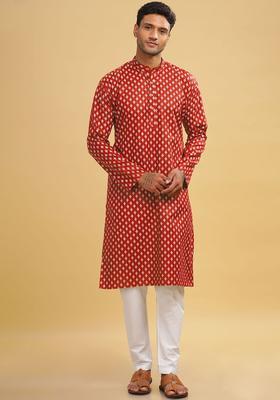 Red Printed Cotton Kurta For Men