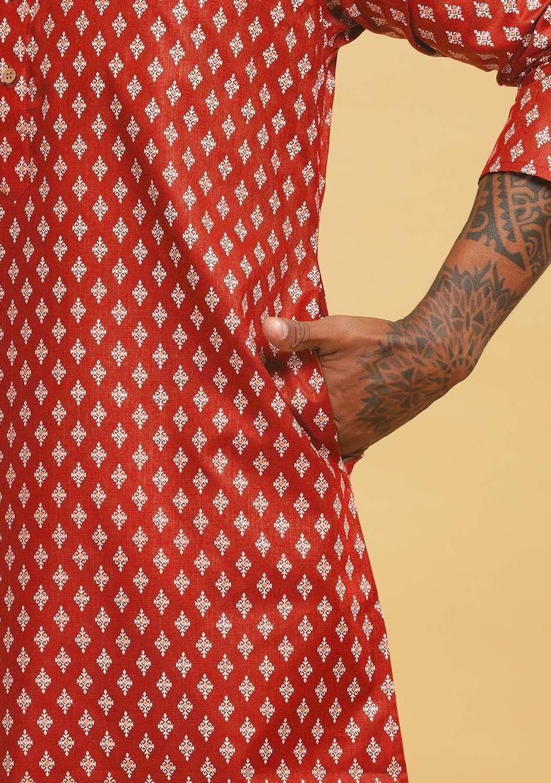 Red Printed Cotton Kurta For Men - Indya