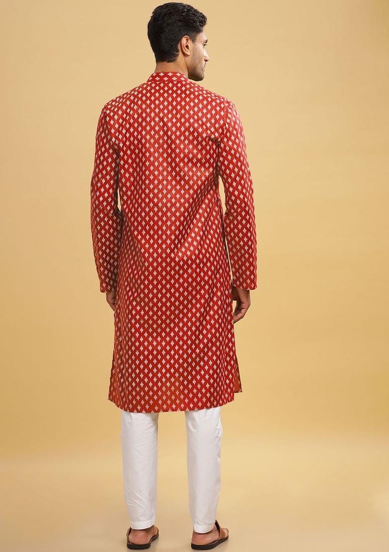 Red Printed Cotton Kurta For Men - Indya