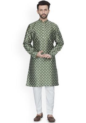 Green Woven Design Cotton Kurta For Men