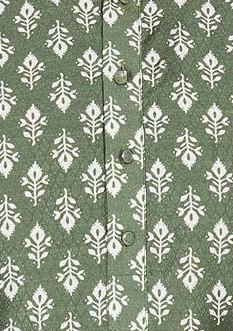 Green Woven Design Cotton Kurta For Men - Indya