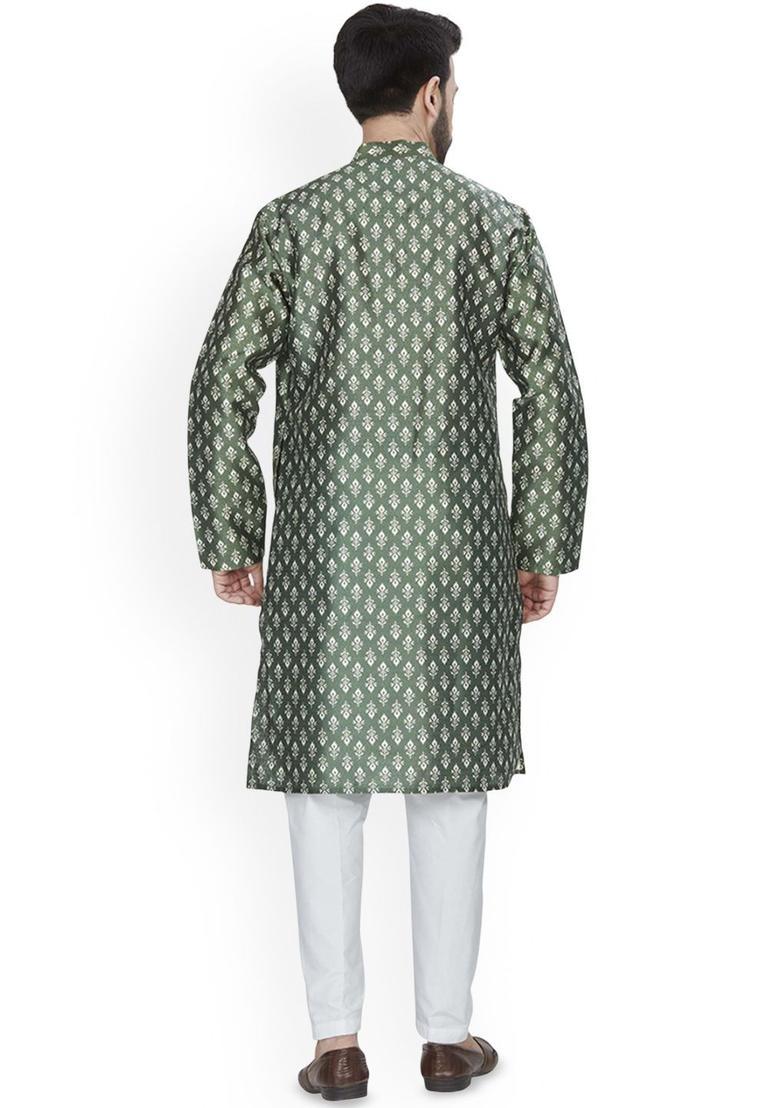 Green Woven Design Cotton Kurta For Men - Indya