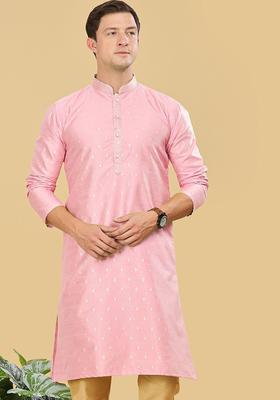 Pink Woven Design Cotton Kurta For Men