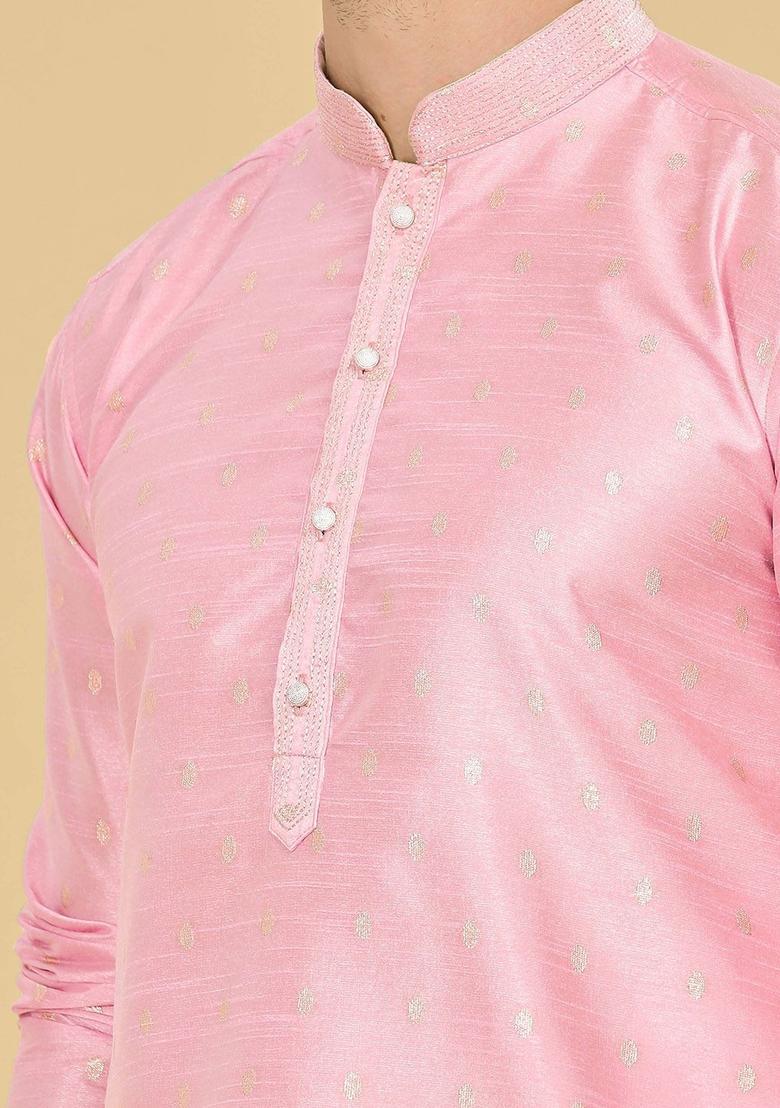 Pink Woven Design Cotton Kurta For Men - Indya
