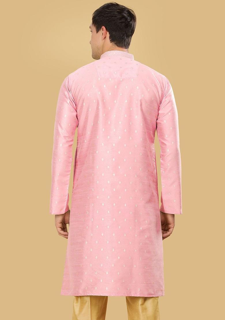 Pink Woven Design Cotton Kurta For Men - Indya