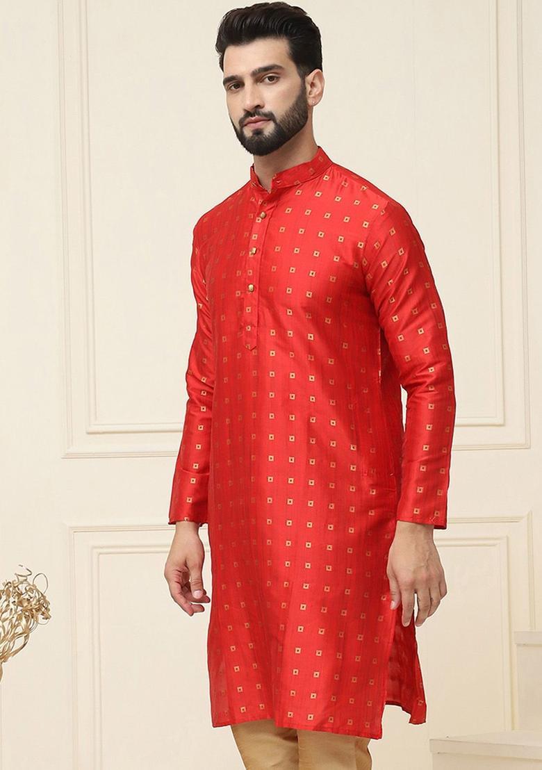 Maroon Printed Silk Kurta For Men - Indya