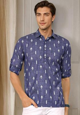 Blue Woven Design Cotton Kurta For Men