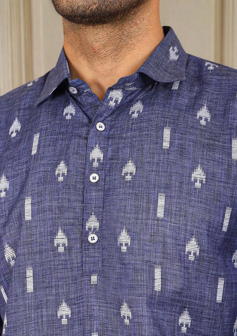 Blue Woven Design Cotton Kurta For Men - Indya