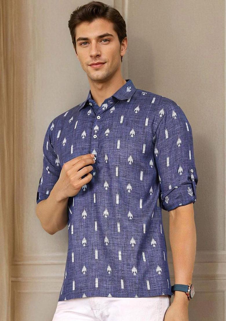 Blue Woven Design Cotton Kurta For Men - Indya