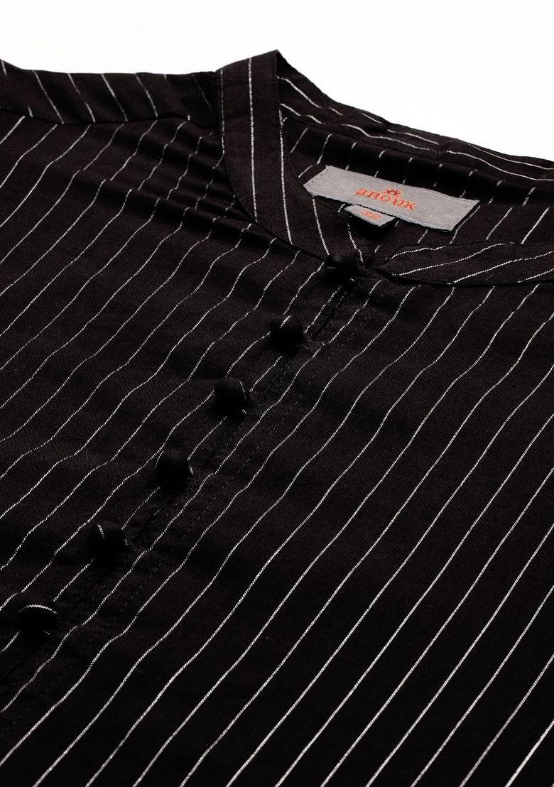 Black Striped Cotton Kurta For Men - Indya